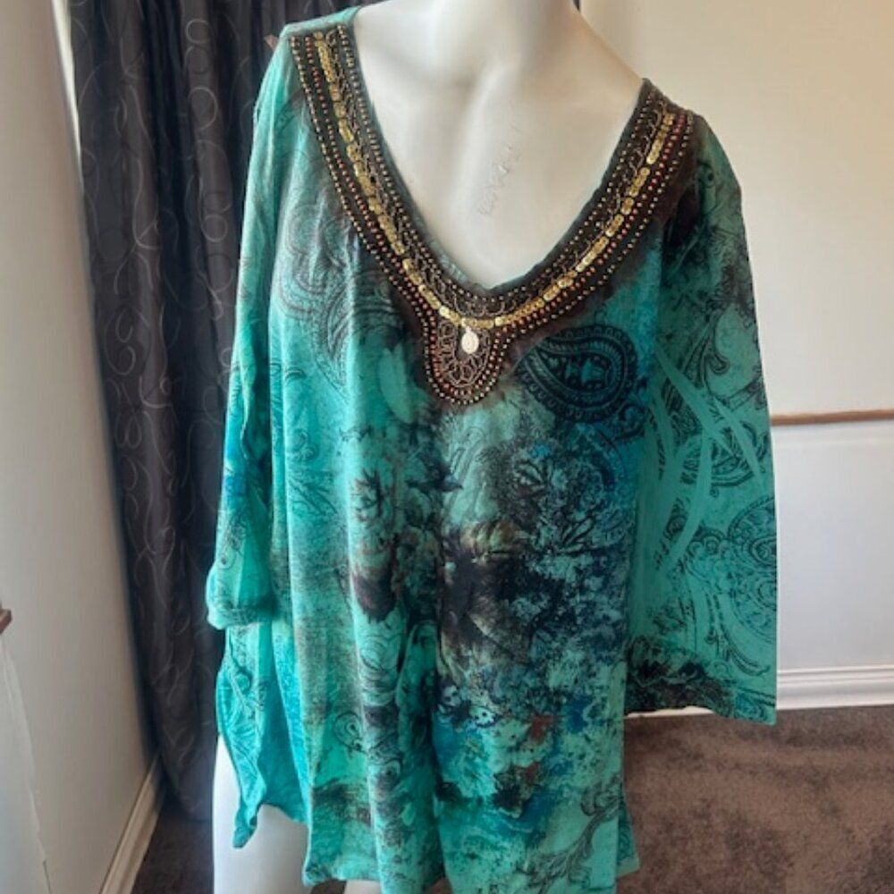 Roz & Ali Green/Brown embellished asymmetric tunic, size 3X